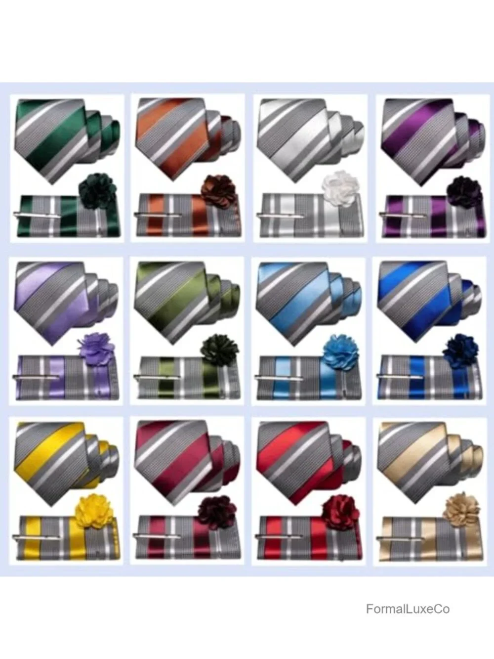 Men's Silk Blend Striped Tie Set with Pocket Square, Lapel Pin & Tie Clip - 4